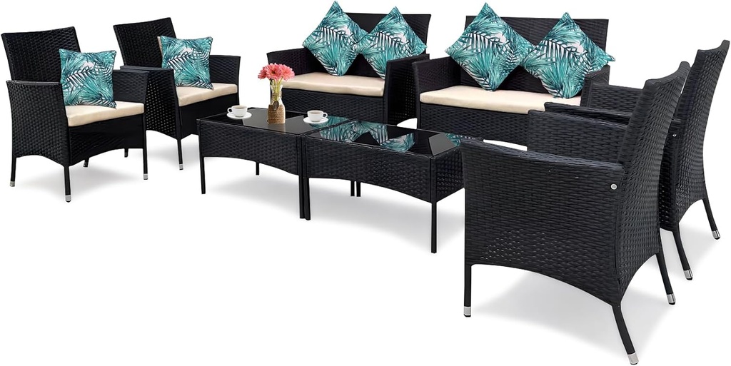 8-Piece Outdoor Patio Furniture Set, Wicker Chairs & Sofa with Cushions and Glass Table-top Coffee Table, Rattan Conversation Set for Backyard, Lawn, Porch, Pool, Garden BBQ