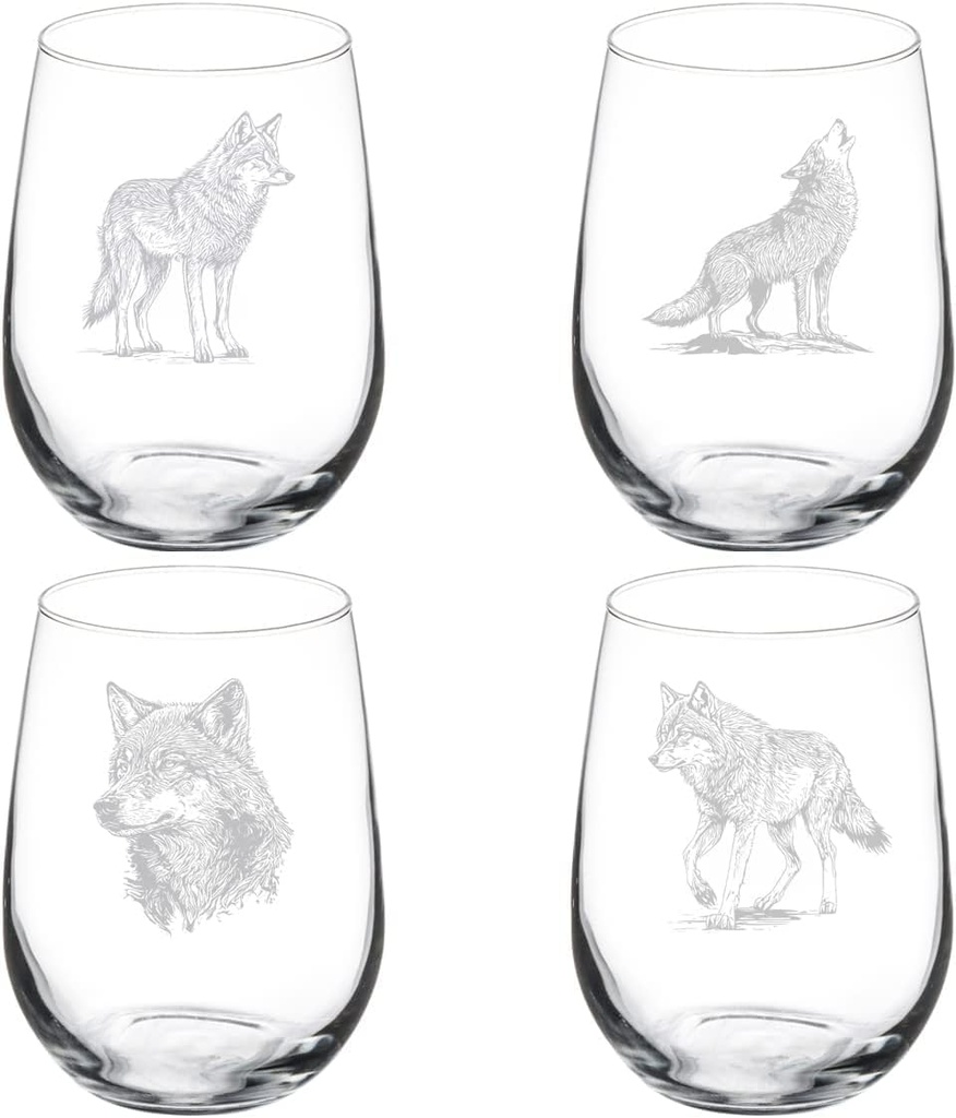 MIP 17 oz Stemless Set of 4 Wine Glass Gift Goblet Wolf Collection Set