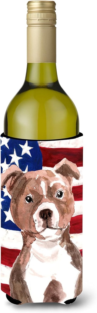 Caroline's Treasures BB9392LITERK Red Staffie Bull Terrier Patriotic Wine Bottle Hugger Bottle Cooler Sleeve Hugger Machine Washable Collapsible Insulator Beverage Insulated Holder