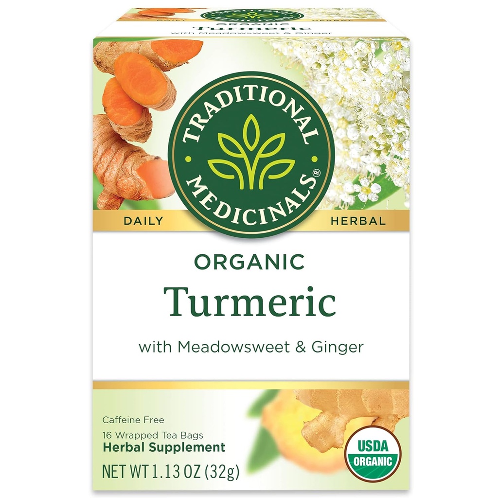 Traditional Medicinals Organic, Turmeric Tea with Ginger & Meadowsweet - Supports Normal Response to Inflammation - Kosher, Non-GMO, Caffeine-Free, Compostable - 16 Tea Bags
