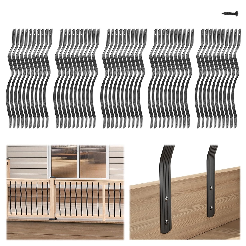 Muzata 50Pack 32''×1'' Aluminum Deck Balusters Wavy Deck Railing Metal Spindles with Screws Curved Balusters for Wood and Composite Fencing Facemount Railing WT33