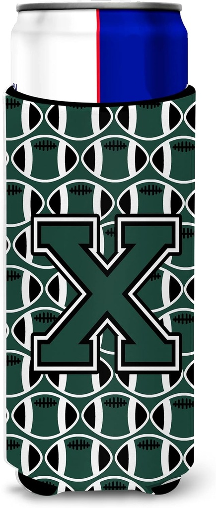 Letter X Football Green and White Ultra Beverage Insulators for slim cans