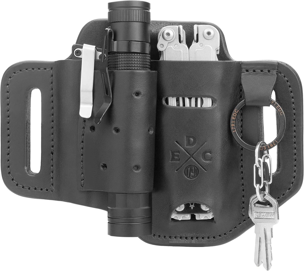 Multitool & Flashlight Holster, Leather EDC Organizer Belt Pouch Fits Multitool, Knife, Flashlight, Keys - Compatible with Heavy Duty Leatherman, Gerber, SOG