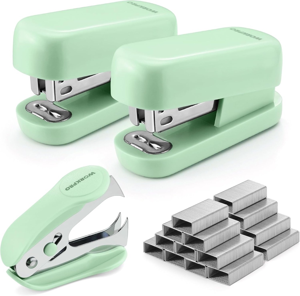 WORKPRO Small Stapler with Staples, Green Stapler Set Includes Two Mini Staplers, One Staple Remover, 2000 Standard Staples - Cute Staplers for Desk with Non-Slip Base, Lock Design, Portable