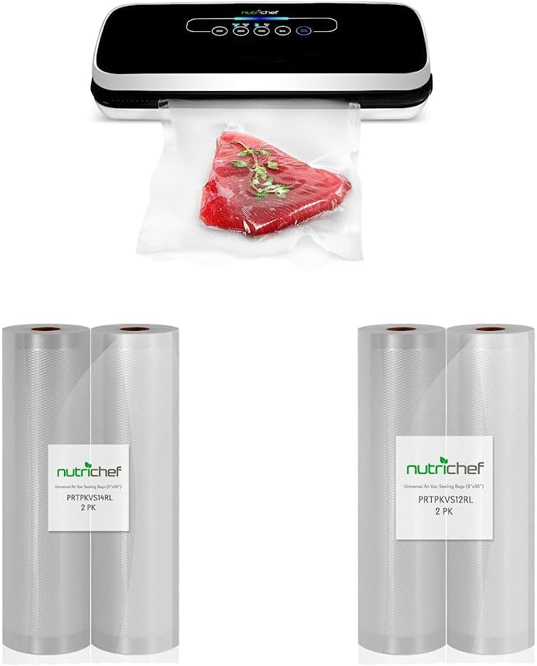 NutriChef Automatic Vacuum Air Sealing System Preservation & Sealer Bags 11x50 Rolls 2 pack 8x50 for Food Saver Black 12 in