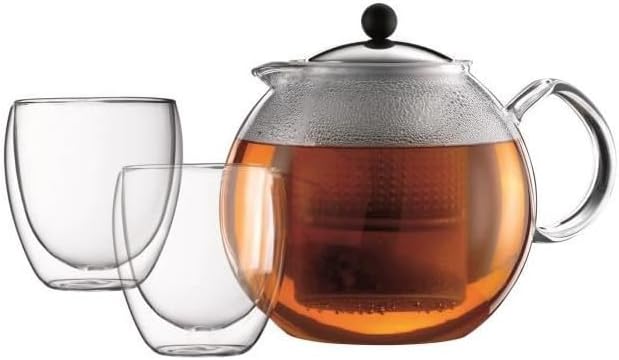 Bodum K1833-16 Assam Set with Double Wall Glasses Tea Press, 51 oz, Chrome