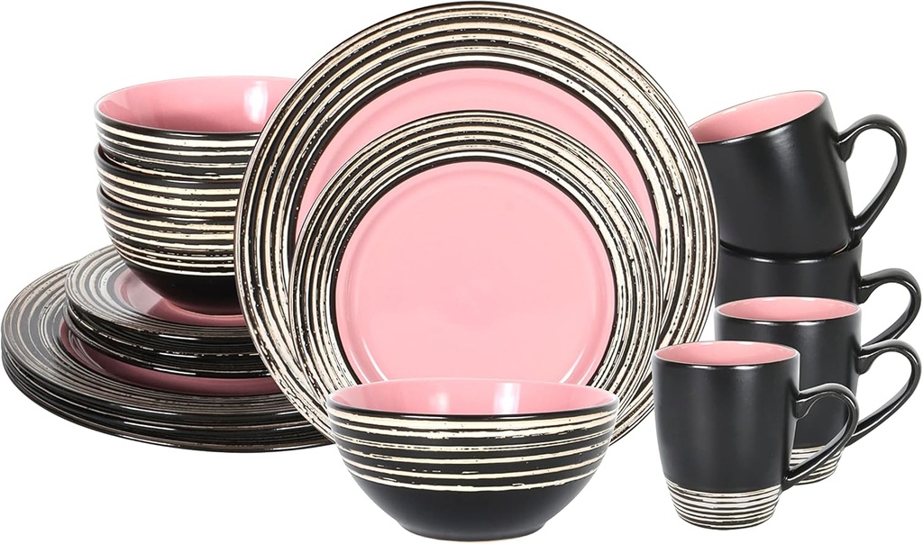 16 Piece Dinnerware Set, Ceramic Plates and Bowls Sets for 4, Microwave and Dishwasher Safe, Handcrafted Tree Bark Series Dish Set, Rose/Pink