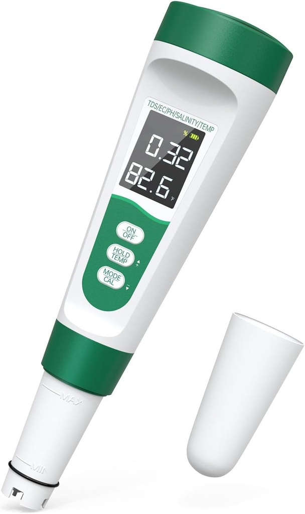 Salt Tester for Saltwater Pool & pH Meter,5 in 1 Digital Water Tester for Salinity,Temp,EC,TDS Meter for Pool Salt Tester,Hot Tubs & Spas,Hydroponics,Aquarium,Accurate & Reliable,Green