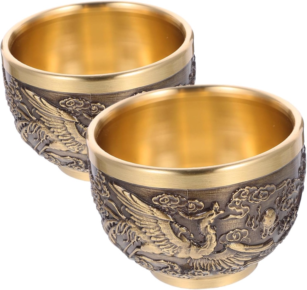 Mobestech 2Pcs Retro Copper Tea Cups with Dragon and Phoenix Embossment Elegant Chinese Teacup for Wine and Tea Reusable Design Convenient for Hot Cold Beverages