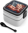 Stars And Stripes Bento Box with Spoon, 2-layer Stackable Lunch Box Leak Proof with Invisible Handle, Insulated Food Storage for Office, Picnic & Travel