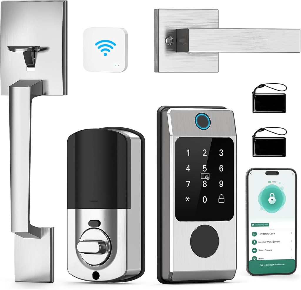 WiFi Front Door Lock Set - Miuedo Keyless Entry Door Locks Handle Set, Fingerprint Smart Alexa Keypad- Smart Deadbolt Lock with Handle Latch - WiFi Access Bluetooth APP-Silver