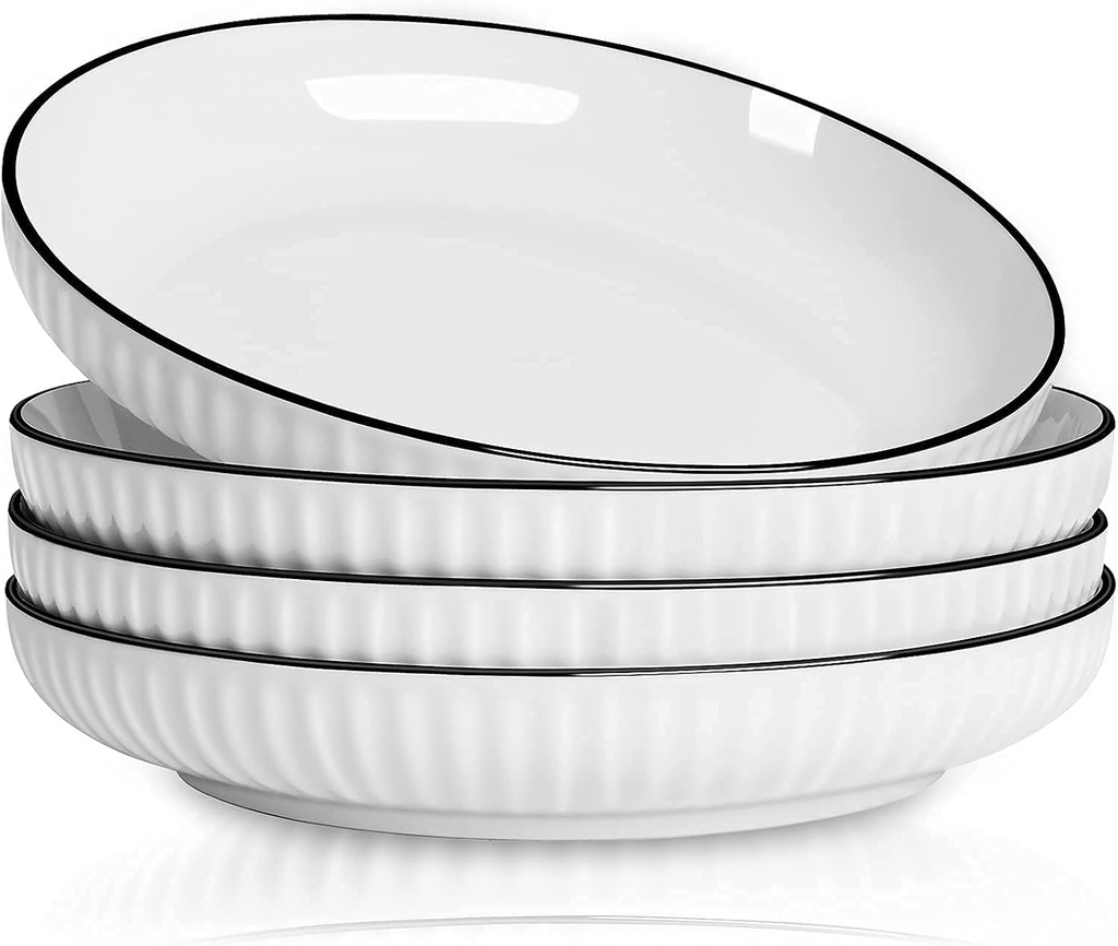 8" Large Pasta Bowls：24 oz Ceramic Bowl Plates Set of 4：Microwave Dishwasher Safe Shallow Dinner Bowls - Kitchen/Party/Home Daily Use/Restaurant - Gifts for Newlyweds/Households,Black Rim