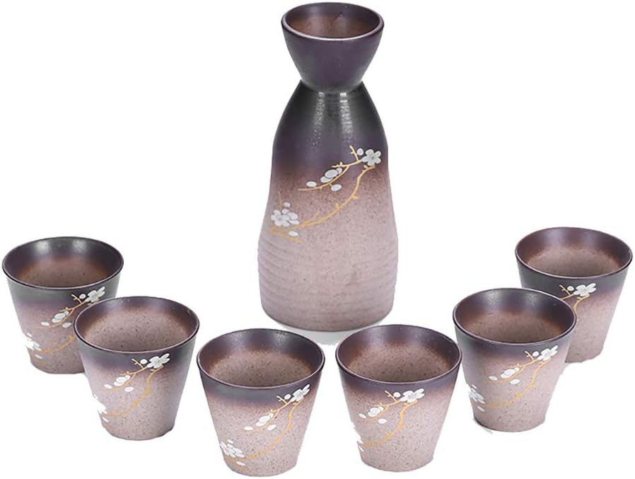 QWEASDF Japanese Sake Set, Retro Traditional Handmade Artwork, 7-Piece Set (1 Bottle, 6 Wine Glasses), Suitable for Pubs, Gifts, Decorations,1