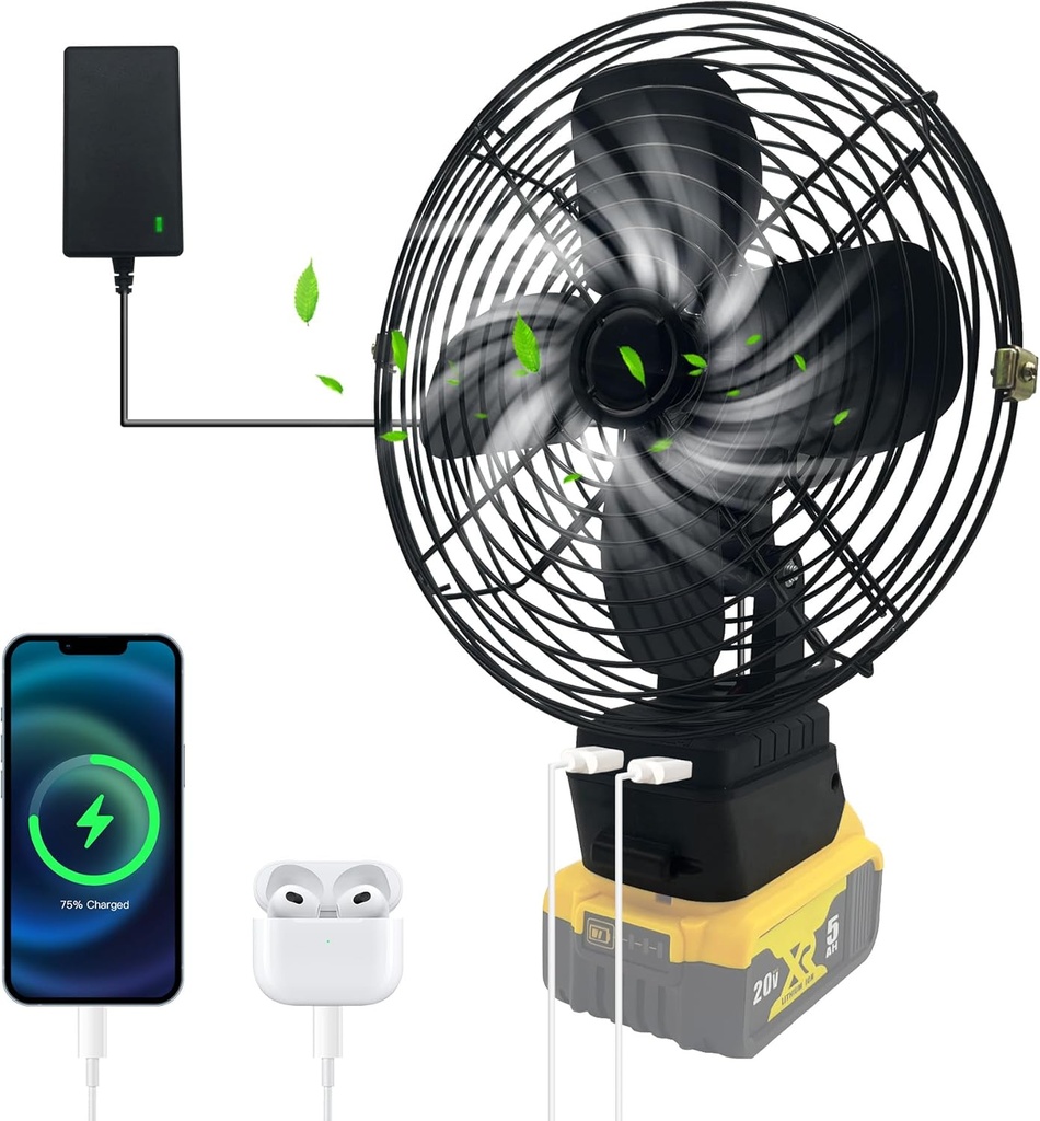Portable Cordless F-an for Dewalt 20V Battery, Cordless Works Fan Ba-ttery Powered F-an,20W 3500RPM Brushless Motor Fan with Low Voltage Protection,USBPort for Industrial,(No Battery)