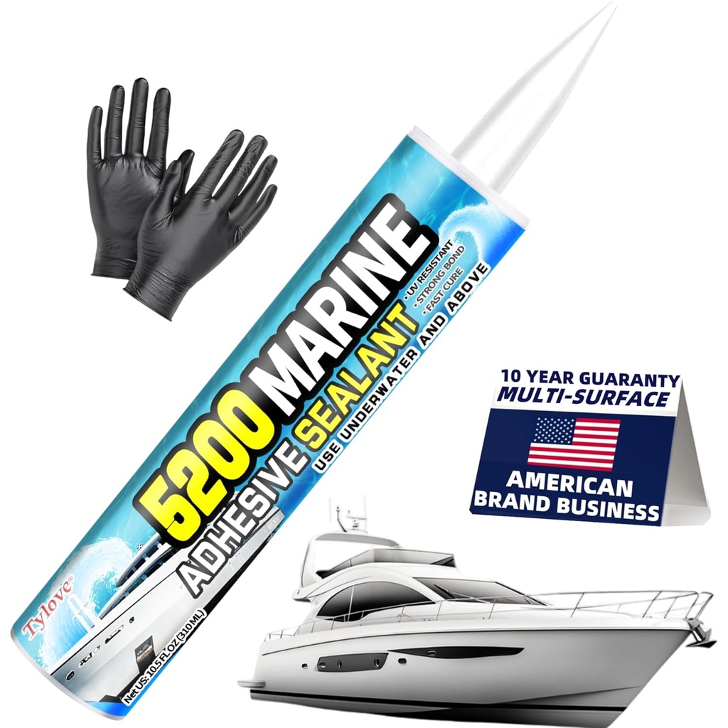 5200 Marine Sealant for Boats & RVs-Fast-Cure (30 Mins), Waterproof, UV-Resistant, High-Bond Adhesive Sealant for Hulls, Decks, Fiberglass, Wood & Metal-Eco-Friendly, Low Odor, with Gloves&Nozzle (1)
