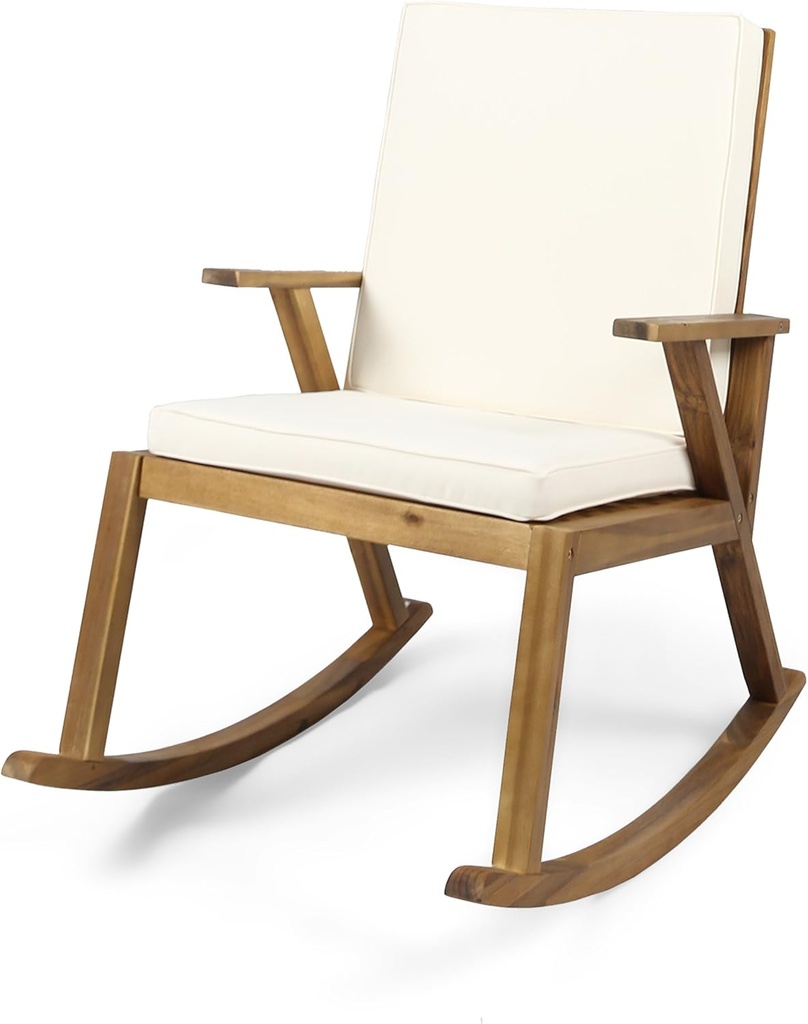 Christopher Knight Home Brent Outdoor Acacia Wood Rocking Chair with Water-Resistant, Teak Finish/Cream Cushion