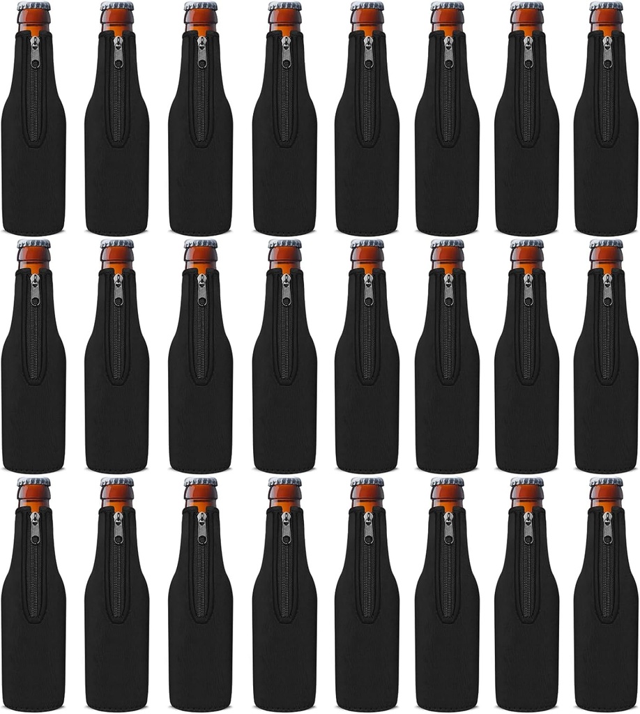 Beer Bottle Cooler Sleeves, Standard Zip-up Extra Thick Neoprene Insulated Sleeve-Keep Beer Cold and Hands Warm, Non-slip 12 OZ Longneck Bottle Holder with Bottle Opener (Black, 24 Pack)