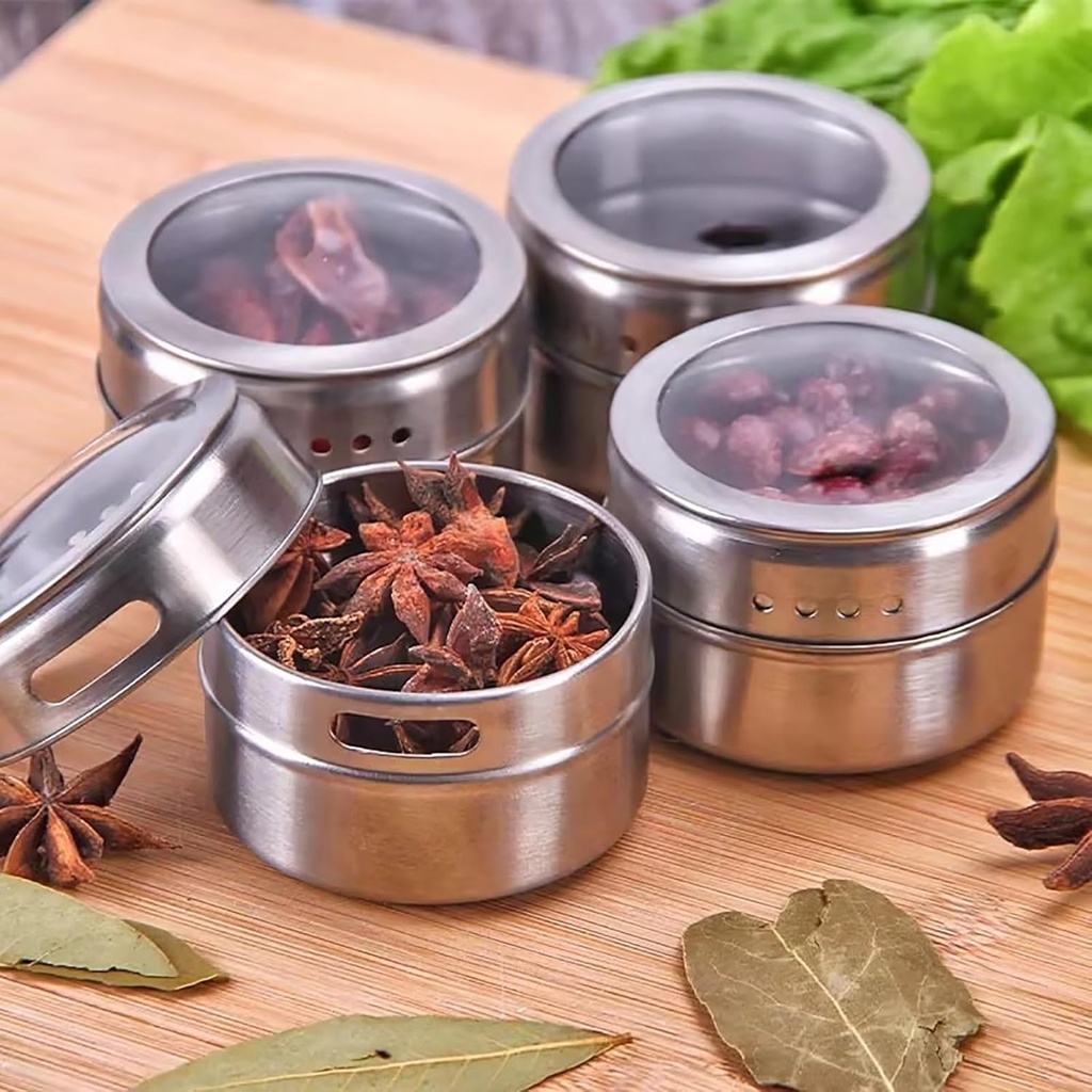 Magnetic Spice Containers with Transparent Lid, Stainless Steel, Leak-Proof, Dual Dispenser Kitchen Organizer, Magnets Storage with Metal Base Plate for Refrigerator(6pcs)