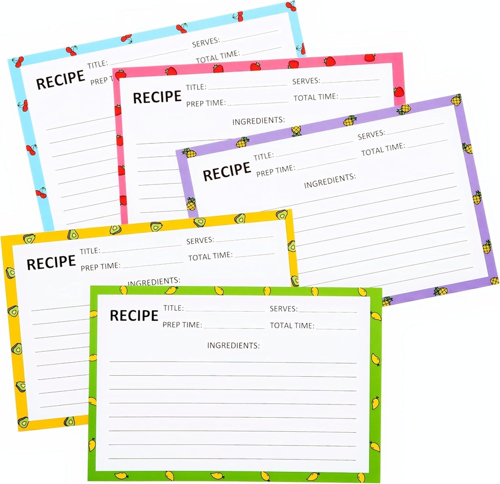 Recipe Cards 50 PCS 4x6inch Double Sided Thick Card Stock Original 5 Fruit Design Fit with Recipe Binder Recipe Box Gift for Bridal Shower Wedding Housewarming