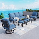5 Piece Metal Outdoor Patio Furniture Set, Patio Conversation Sets 1 3-seater Sofa, 2 Swivel Chairs, 2 Ottomans with 5.75" Thick Cushion, Black All-weather Backyard Furniture Set, Navy