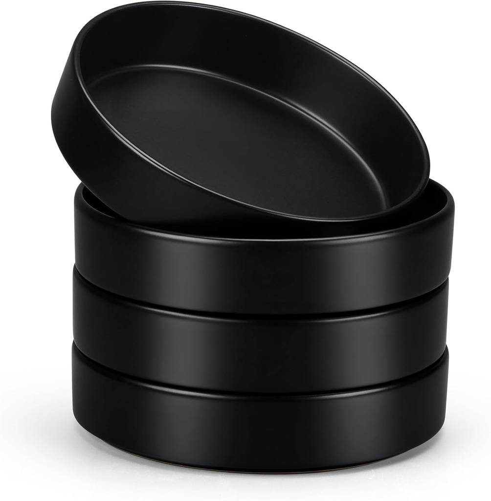E-far Pasta Bowls Set of 4-35oz Shallow Ceramic Bowl Plates for Serving Dinner, Soup & Salad | Stoneware Pasta Plates | Microwave & Dishwasher Safe | Matte Black
