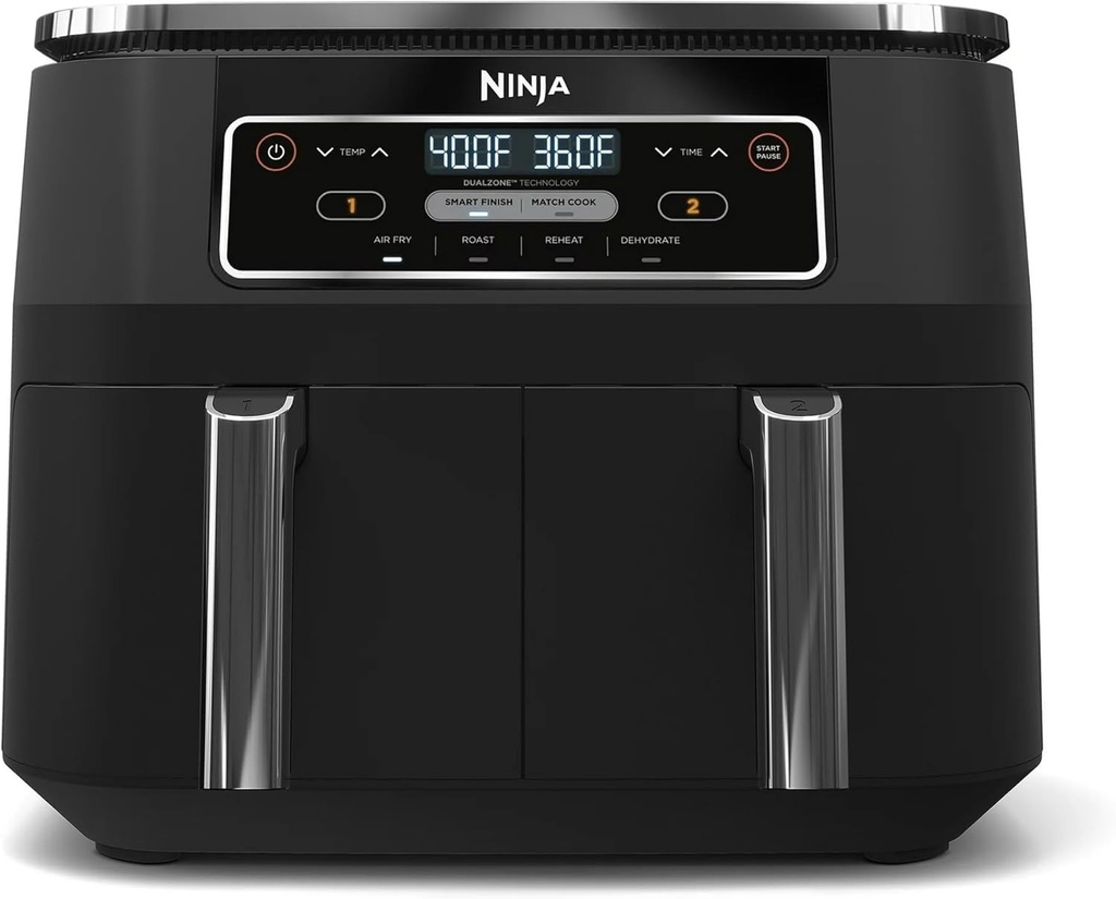 Ninja Foodi XL 4-in-1 Dual Air Fryer with DualZone Technology, Dual 4-Quart Baskets, Smart Finish, Dehydrate Function, 8 Quart Capacity, Wide Temp Range, Dishwasher-Safe, Black – Model DZ100