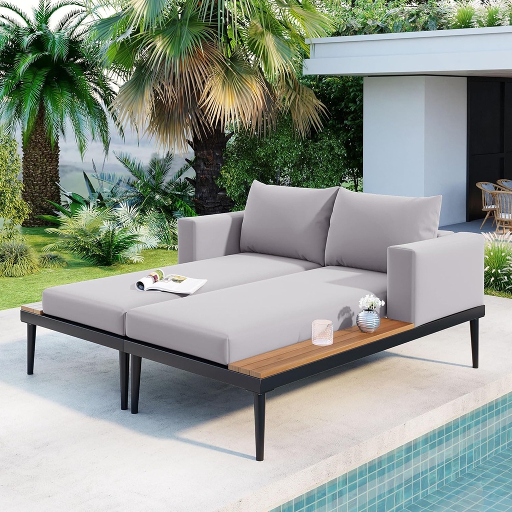 Polibi Patio Metal Daybed with Wood Topped Side Spaces for Drinks,Modern Outdoor Daybed 2 in 1 Padded Chaise Lounges for Poolside, Balcony, Deck,Gray
