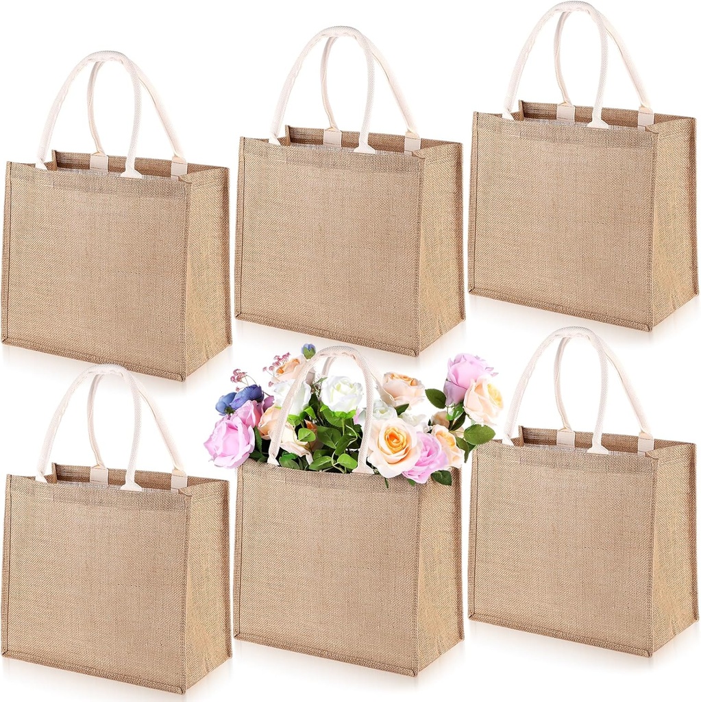 Lemecima 6 Pcs Large Jute Burlap Gift Bags Jute Beach Bags Gift Bags with Laminated Interior Burlap Gift Tote with Handle, Reusable Gift Bags for DIY Wedding, brown, AM553227_1