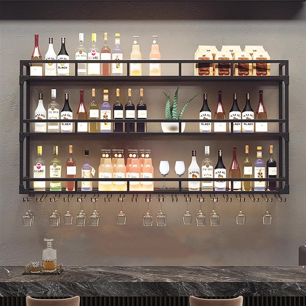 Iron Bar Wine Rack Wall Mounted with Wine Glass Holder,Floating Bar Shelves,Liquor Bottle Display Shelf,Metal Bar Shelf,Hanging Wine Storage Racks,for Home Kitchen Wine Cellar,Gold/Black(Bl