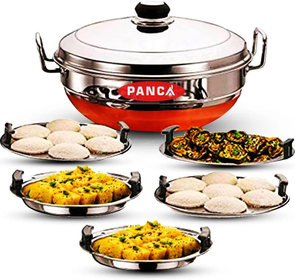Stainless Steel 5 Plate Idli Cooker Multi Kadai 2 Idli Plate | 2 Dhokla | 1 Patra | Momo Steamer,Copper Bottom Idli Maker Stainless Steel Idly Pot, 15 Litre
