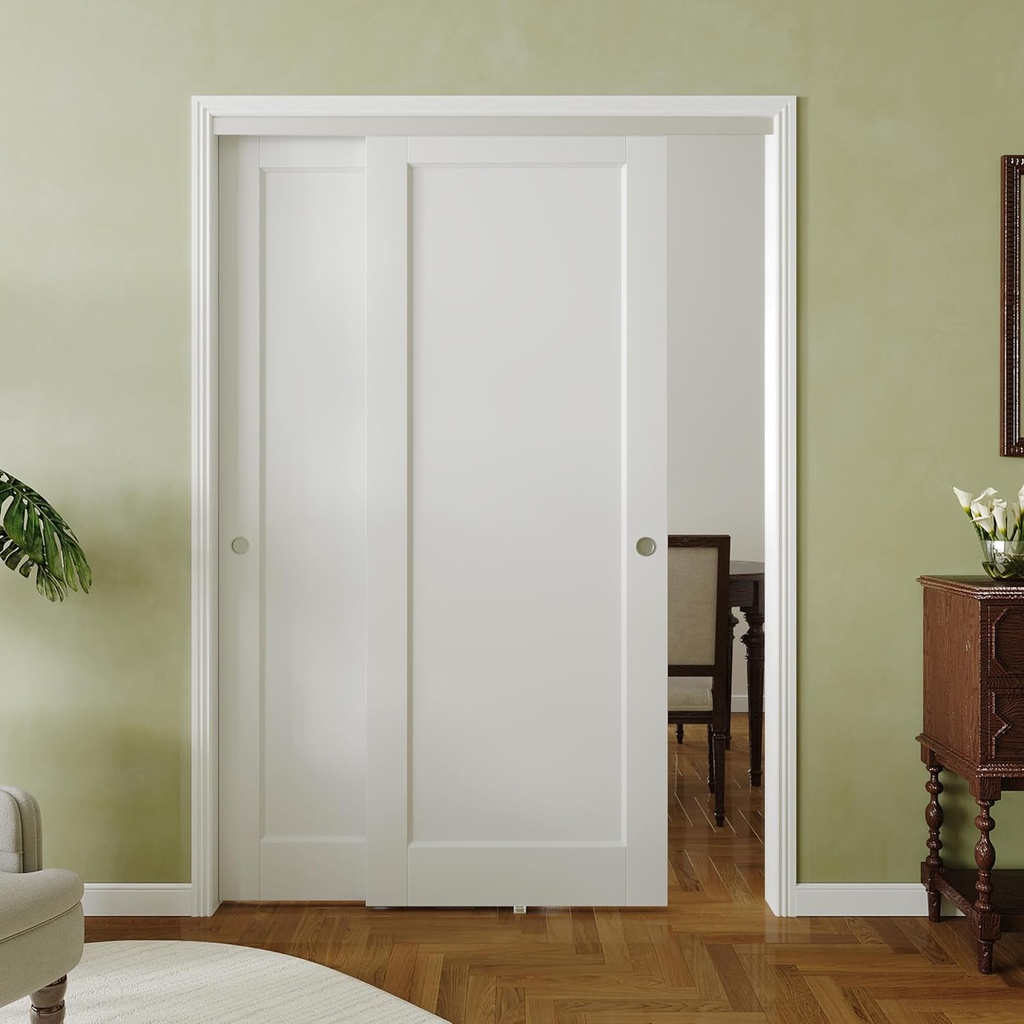 64" x 80" Bypass Sliding Doors, 1-Lite Interior Panels with Hardware Kit, Assembly Required, MDF Material with White Primer, Easy to Install, Ideal for Closet and Pantry Use