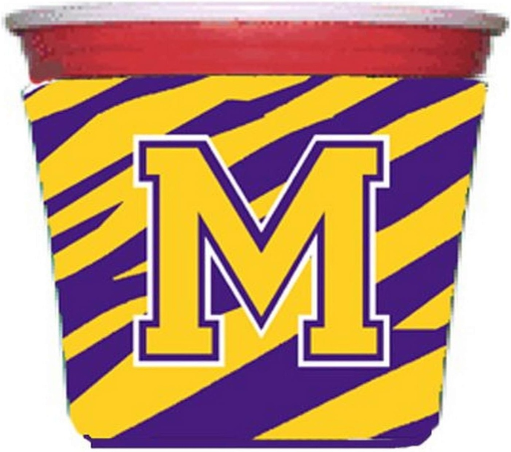 Tiger Stripe - Purple Gold Letter M Monogram Initial Red Solo Cup Beverage Insulator Hugger