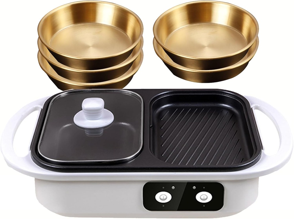 Electric Hot Pot Barbecue Integrated Pot, Non-stick Electric Frying Pans with Distributor, Electric Multi-Cookers, Food Grill Temperature Adjustable (5 X Sauce Tray),White