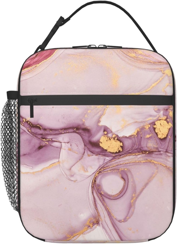 Pink Marble Insulated Lunch Bag for Women Men,Lunchbox Holds Lunch Bento Box,Portable Cooler Bag,Cute Lunch Tote with Zippered Pocket for Work Picnic Travel