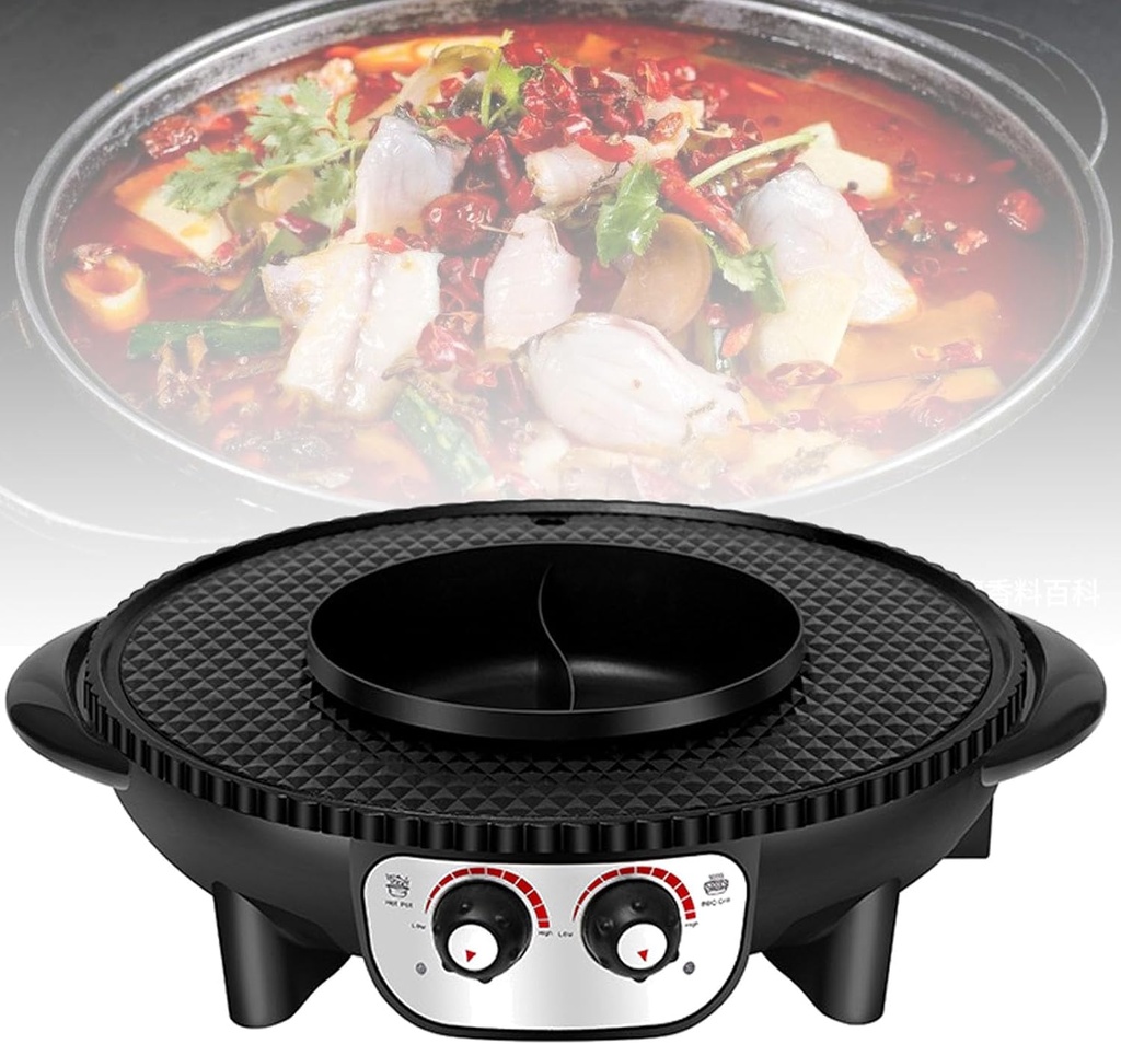 2-in-1 Shabu-Grill Hot Pot, Electric Hot Pot with Grill Pan with 110V/220V Separate Dual Temperature Control 1800-2200W 50-240℃ Dual-side Pot Aluminum Alloy for 1-8 People