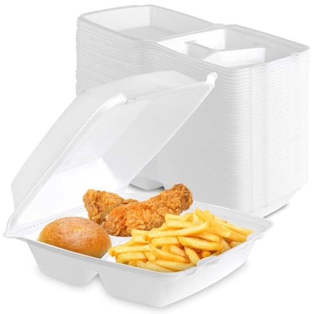 Stock Your Home 8x8 Clamshell Take Out Boxes (25 Pack) Medium 3-Compartment Foam Food Containers Disposable Lunch Container, Restaurant Togo Trays with Hinged Lids for Takeout, Carryout, and Meal-Prep