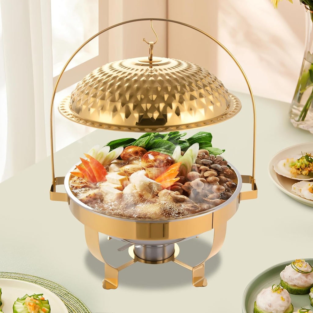 Gold Round Chafing Dishes for Buffet, 8.5Qt /8L Stainless Steel Buffet Chafer, Hanging Lid Dining Stove, Buffet Server & Warmer Set, Countertop Warming Tray for Parties