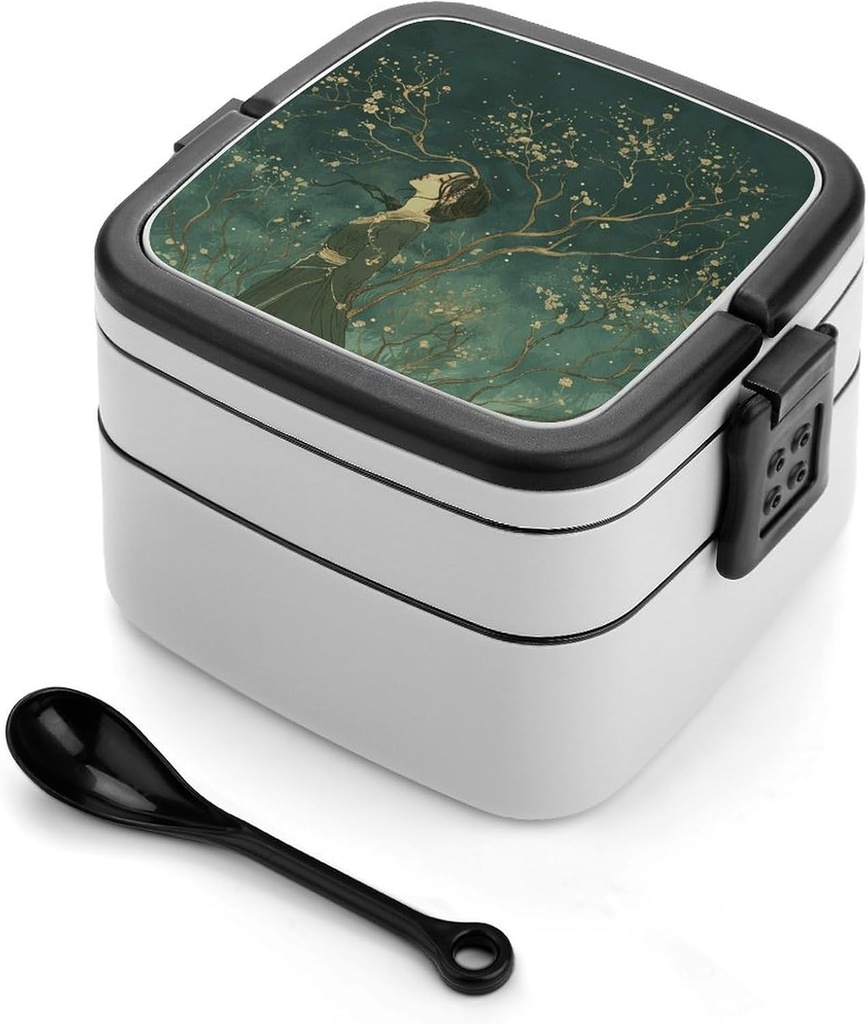 Personalize Double Layer Bento Box Wearing A Green Dress Lunch Box - Durable, Leak-Proof with Spoon Adult Premium Bento Case for Work Travel Camping