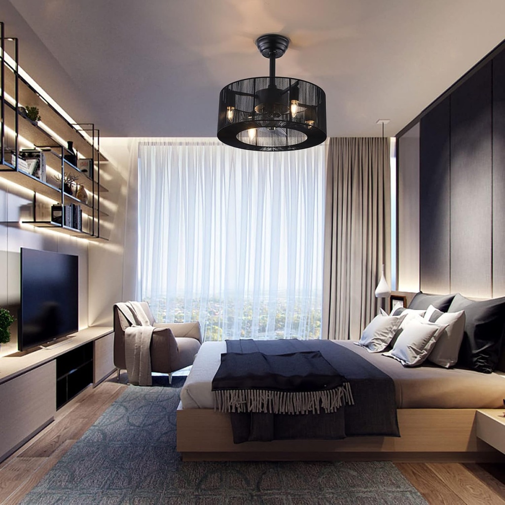 18'' Caged Ceiling Fan with Lights Remote Control Black 3 Speeds Adjustable 4-Lights Ceiling Fan with Light Farmhouse Semi Flush Mount Ceiling Fan for Low Ceiling Indoor Living Room Bedroom