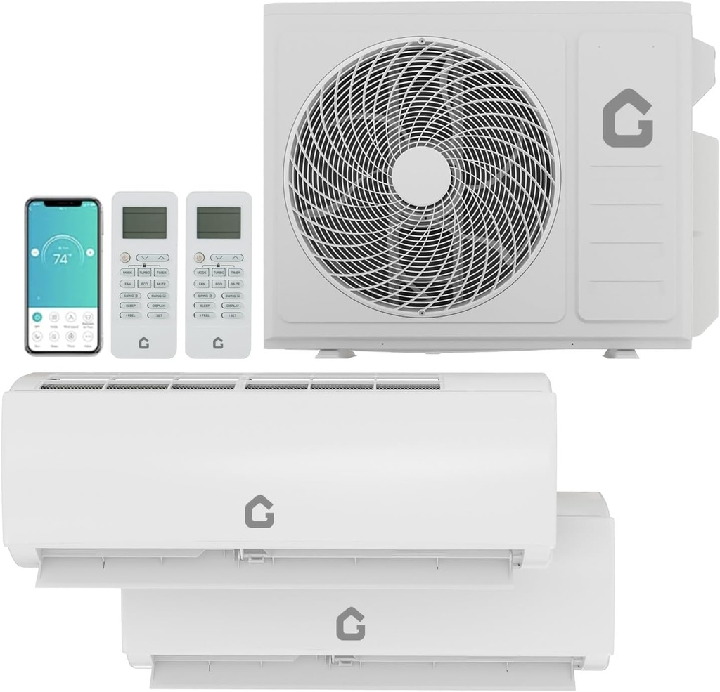 20000 BTU Two-Zone Mini Split Air Conditioner ，20 SEER2 208/230V WiFi wall mounted AC，Inverter w/ R454B Refrigerant，9000+9000 BTU cooling/heating system for 750 Sq.Ft，Heater Pump