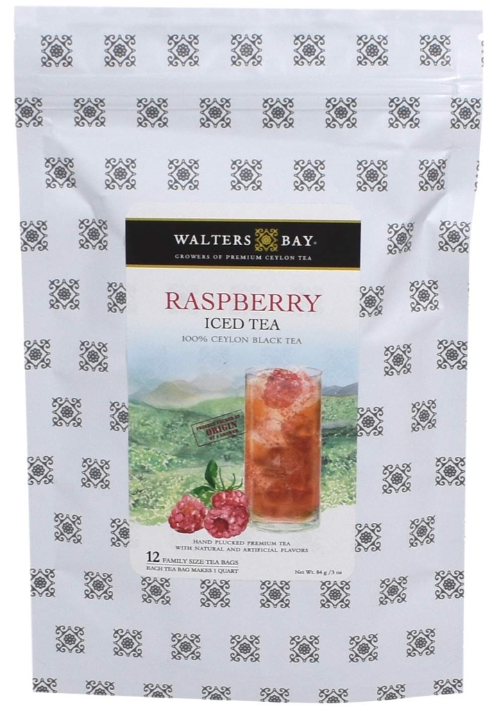 Walters Bay Raspberry Iced Tea, 12 Count, Quart Sized Tea Bags, Ceylon Black Tea, Unsweetened, 100% Hand Plucked, Delicious Raspberry Tart Flavor, Sri Lankan Tea
