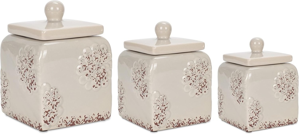 Floral Grey 10, 9, 8 inch Ceramic Food Storage Canisters Set of 3, (38994)