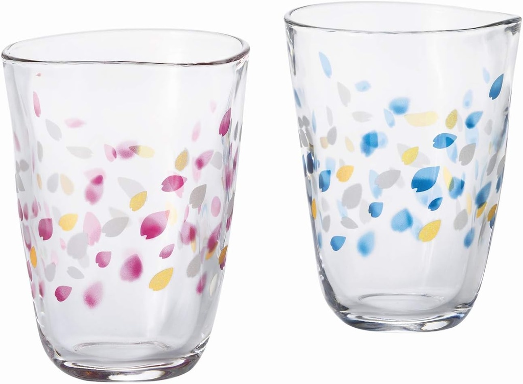 Aderia S-6317 Haruiro Glass Pair Set, 10.2 fl oz (290 ml), Set of Ribs, Cherry Blossoms, Pair Set, Pink and Blue, Made in Japan, Gift Box Included, Birthday Gift
