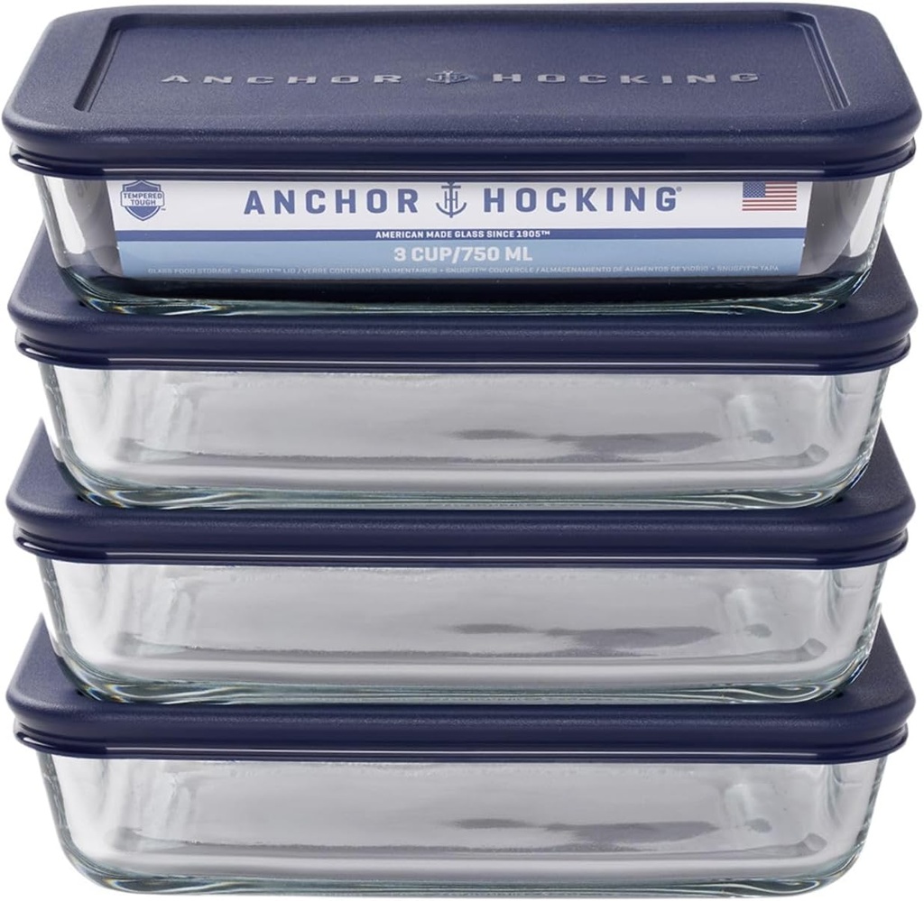 Anchor Hocking SnugFitTM Rectangular Food Storage Containers with Lids (4-Piece, 3-cup, Navy Blue, oven-safe)