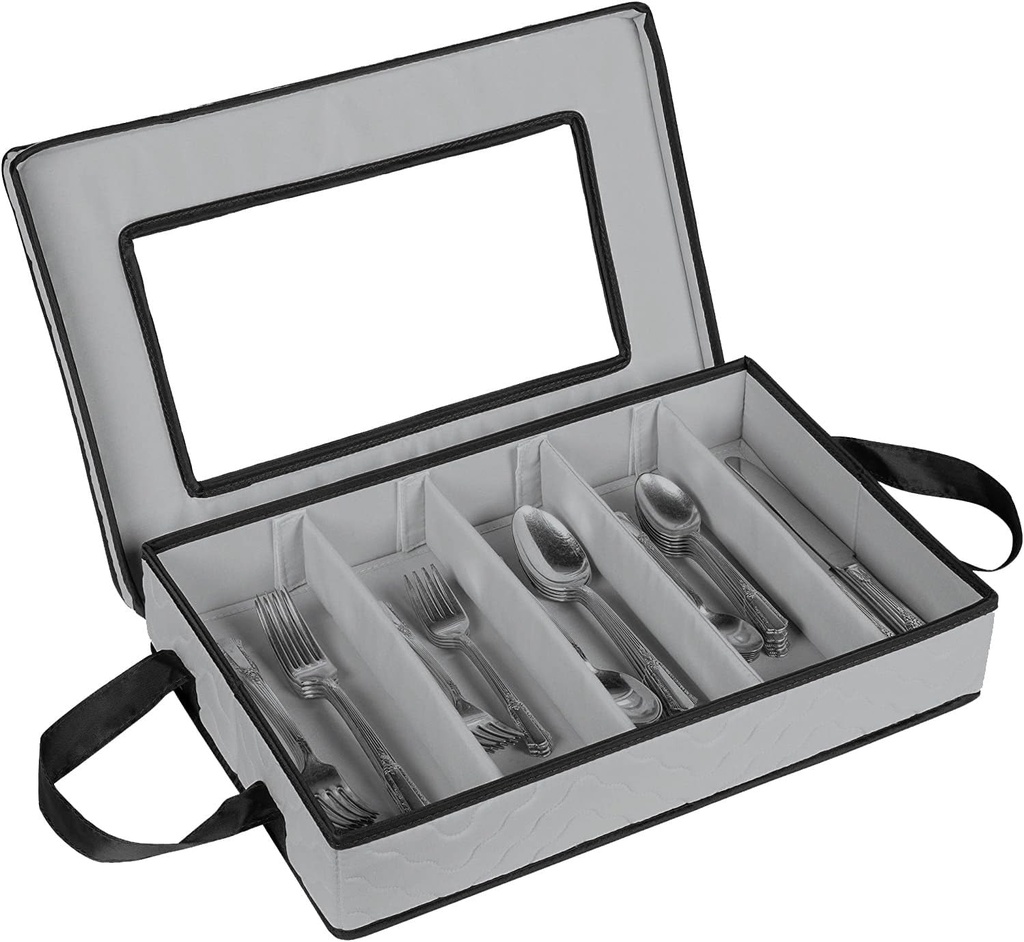Flatware Storage Case - Durable 5 Compartment Silverware Storage Container Box with Removable Lid and Easy to Carry Handles - Large Capacity Keeps Your Cutlery Organized & Protected - Gray