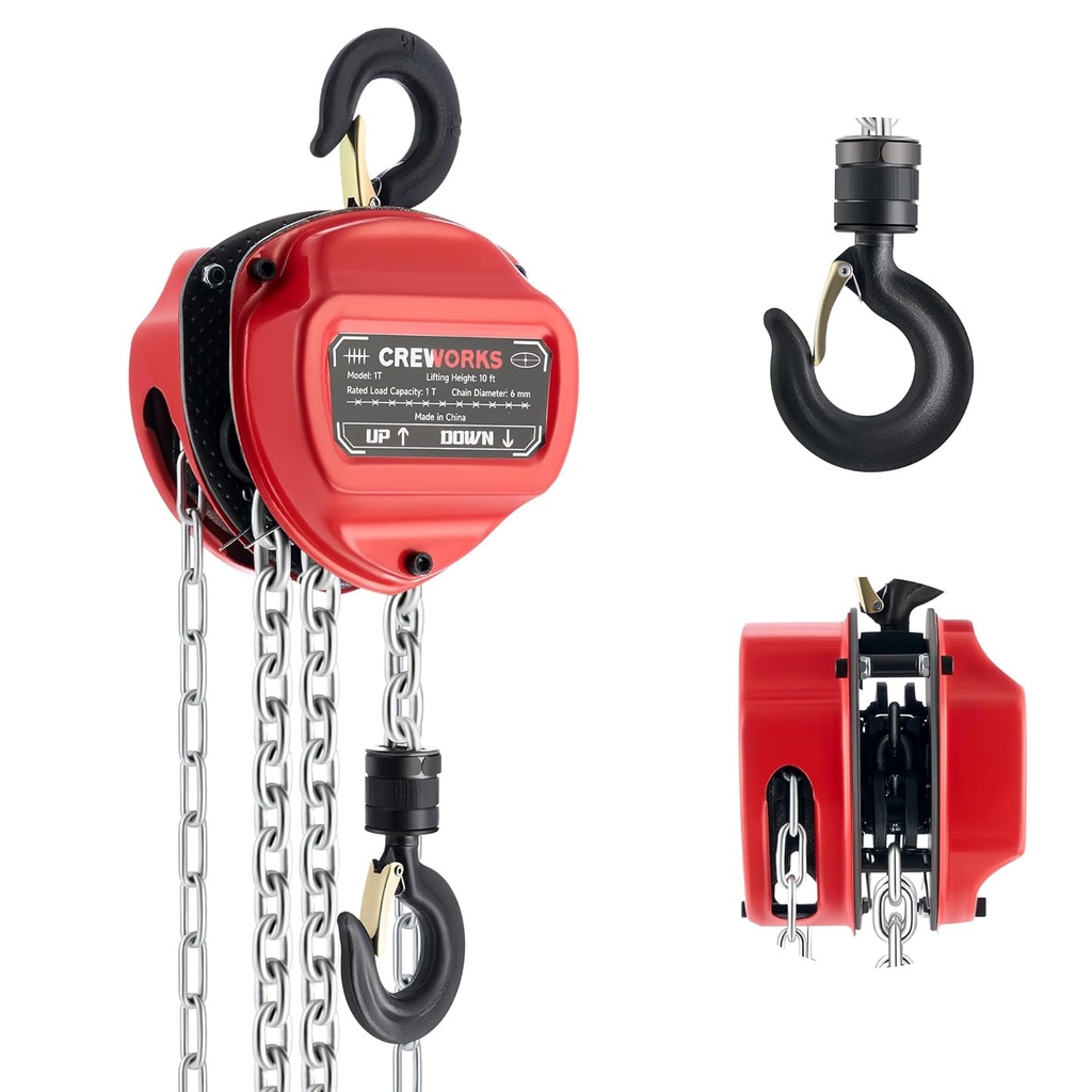 CREWORKS Hand Chain Hoist, 1 Ton 2200 lb Capacity 10 ft Manual Chain Hoist with G80 Load Chain & Double Guide Wheels, Heavy Duty Manual Lever Hoist for Construction Warehouse Automotive Factory