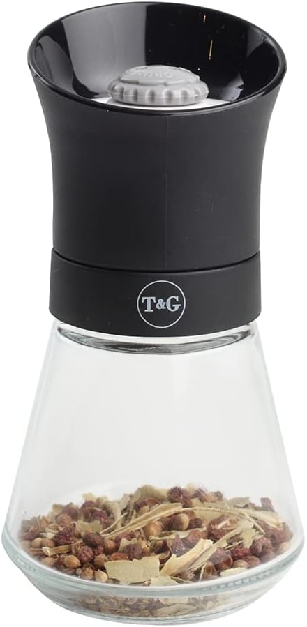 T&G CrushGrind Spice Mill with Removable Glass Base, 12.5 cm, Black, Whole Dried Herbs Spices Seeds Chilli Flakes/Fully Adjustable Ceramic Manual Grinder