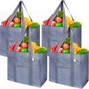 VENO 4 Pack Reusable Grocery Bags, Heavy-Duty Shopping Bags with Handles, Bags for Shopping Cart with Hard Bottom to Stand Upright, Foldable, Multi-Purpose(Gray, 4 Pack)