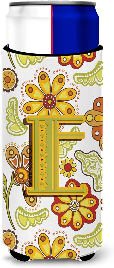 Letter E Floral Mustard and Green Ultra Beverage Insulators for slim cans