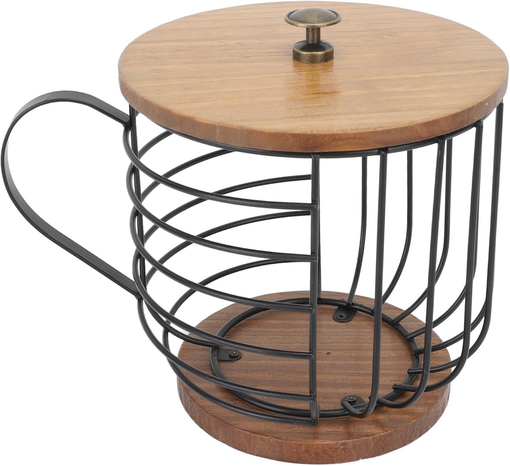 Coffee Pod Holder, Coffee Pod Organizer, Large Capacity Black Wire Kup Storage with Wooden Base, Space Saving Wooden Base Coffee Pods Storage Organizer for Home Coffee Bar(Black with Lid)